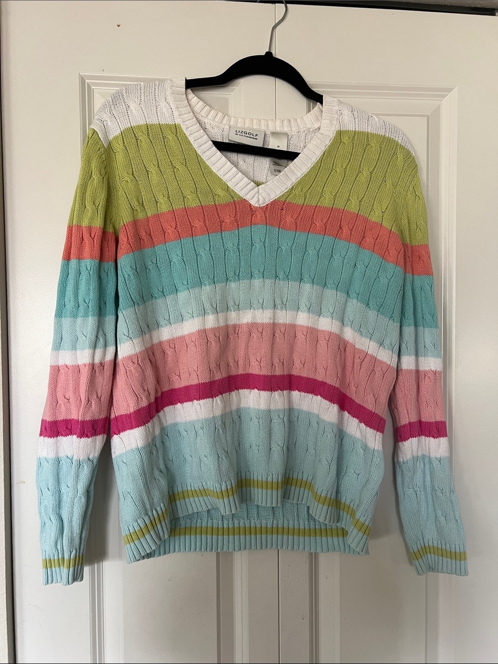 Liz Golf Striped V-Neck Cable Knit Sweater in Pastel Multi